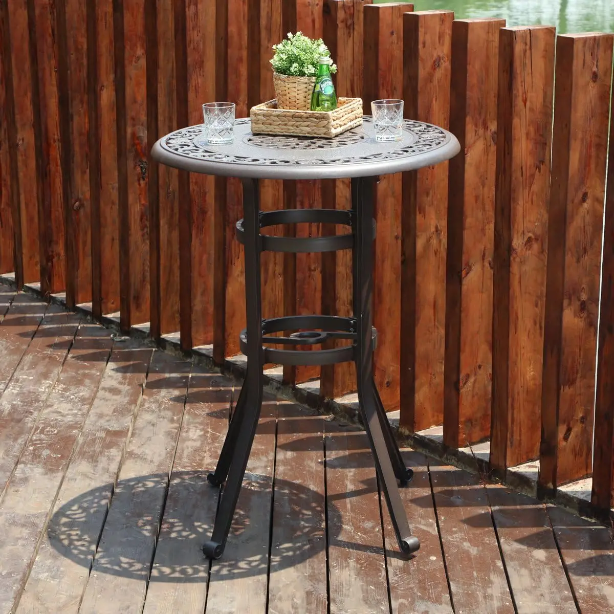 32 Cast Aluminum Patio Bar Table, 41 Height High Top Outdoor Table, Pub Height Bistro Round Table for Paito Lawn Garden, Brown