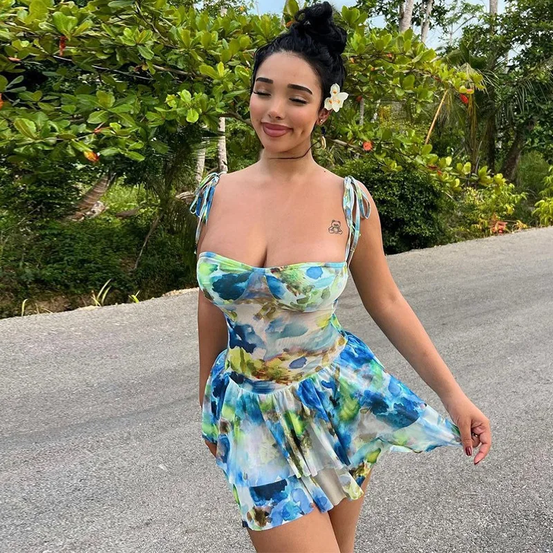 

Floral Print Slip Lace Up Sexy Pleated Elegant Bodycon Mini Dress 2023 Summer Cute Clothes Streetwear Festival Outfit