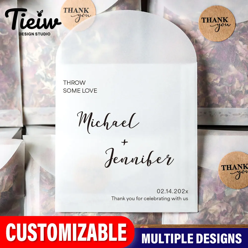 50PCS Personalized wedding flower petal bags Biodegradable Semi-Transparent Pouches Throw Some Love Confetti Bags