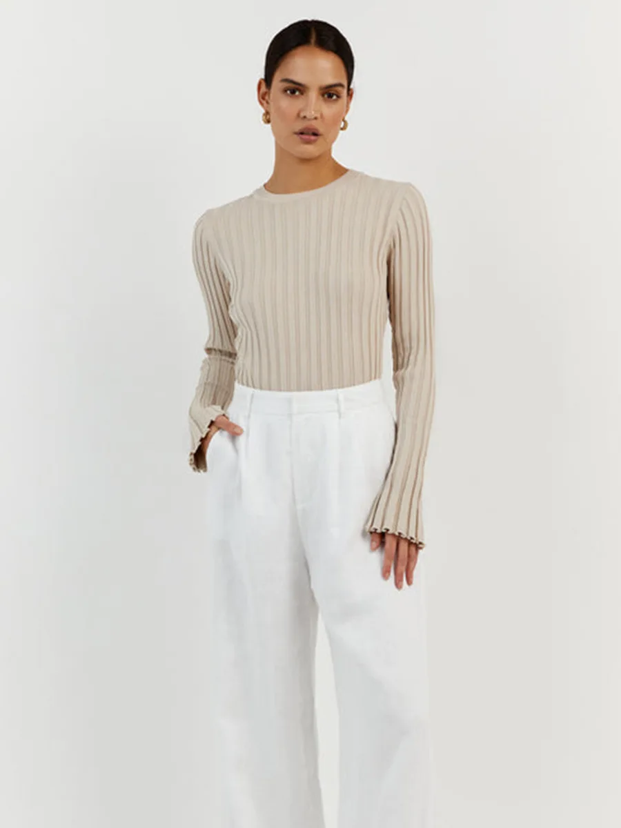 

Round neck knitted sweater with long sleeved pit stripe bottom solid color tight fitting cross-border autumn and winter top C910