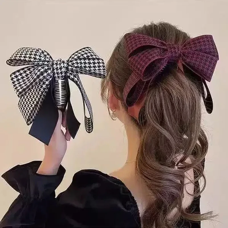 1 Stück klassischer Hahnentritt-Schleife im koreanischen Stil, hoher Pferdeschwanz-Bananenclip mit Haarschmuck mit Schleife