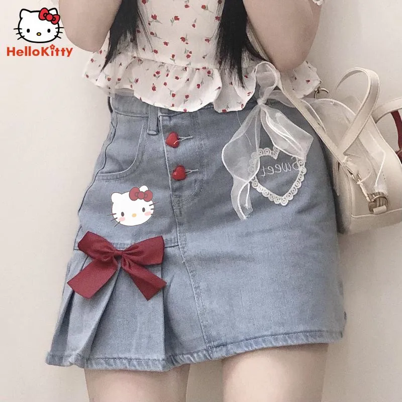 Kawaii Hello Kitty Denim Skirt Creativity Bow Tie Summer Girl Cartoon