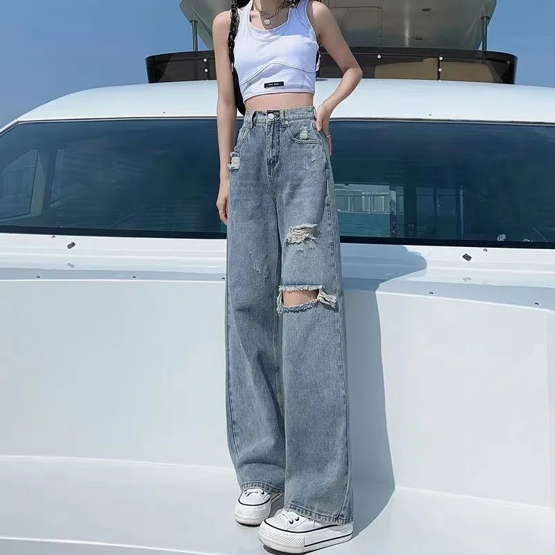 

Broken Hole Baggy Jeans For Women High Waist Summer Loose Wide Leg Pants Korean Fashion Women's Denim Trousers Clothes
