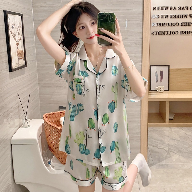 Ice silk thin section suit green plants cactus ladies pajamas summer new short-sleeved shorts lapel girls homewear two-piece set