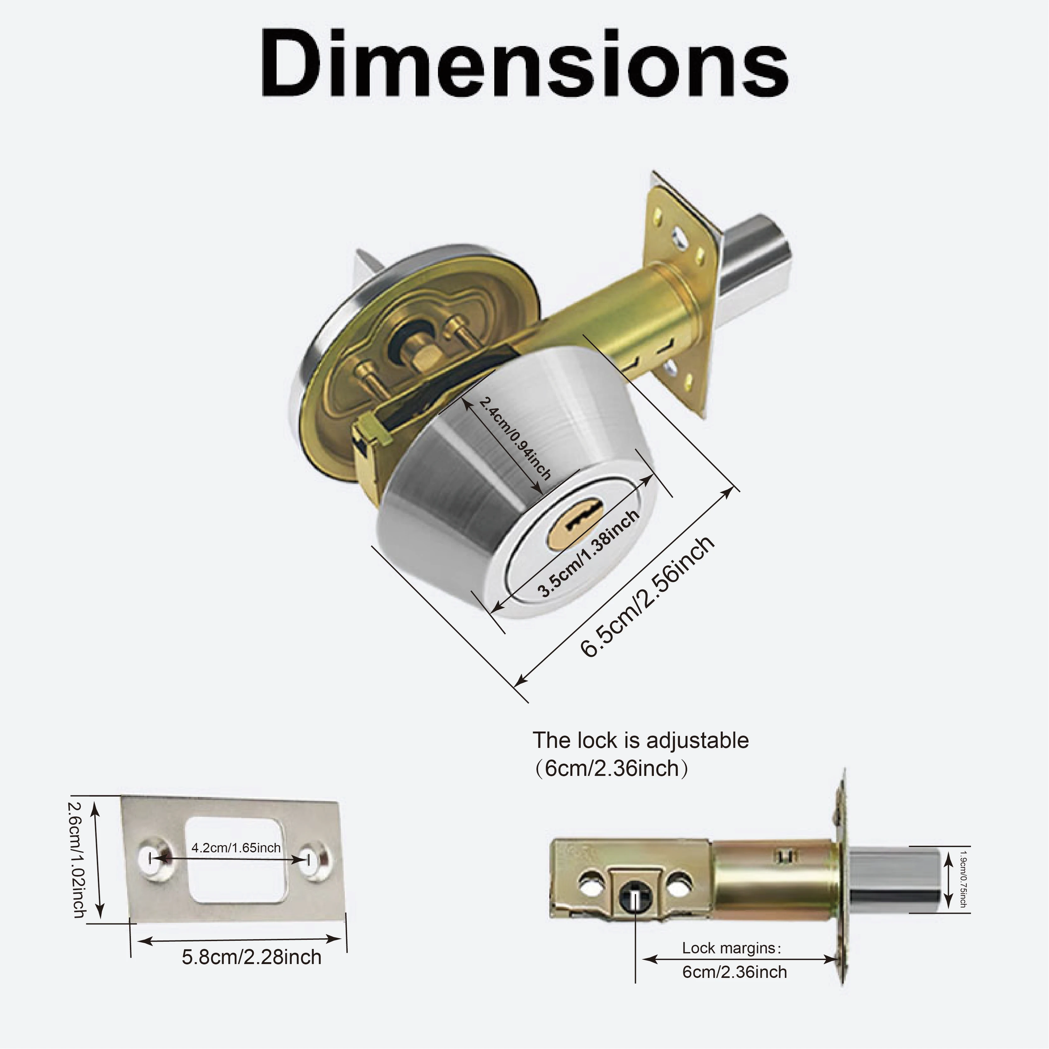 304 Stainless Steel Anti-theft Door Lock Three keys pure brass lock cylinder durable and rust-proof adjustable deadbolt