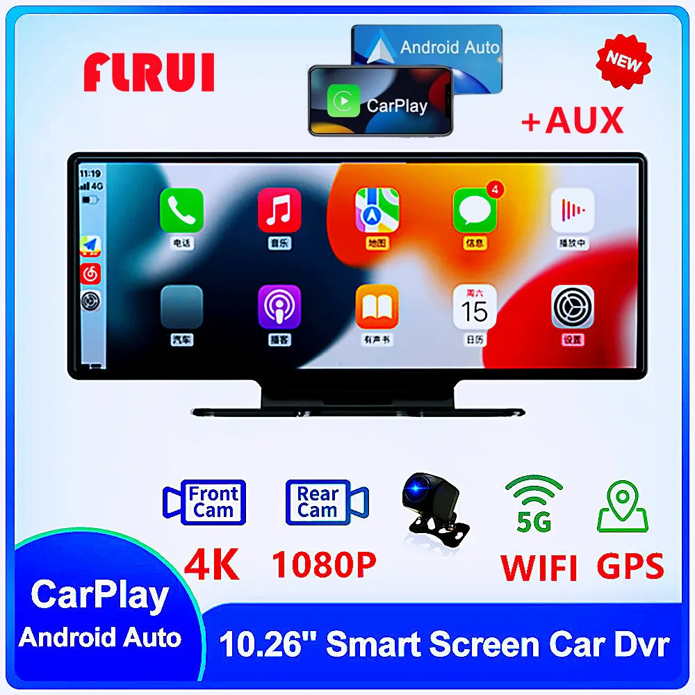 

10.26Inch 4K Dash Cam Rearview Camera Wifi Carplay & Android Auto GPS Navigation Video Recorder Dashboard Dual Len 24H Park AUX