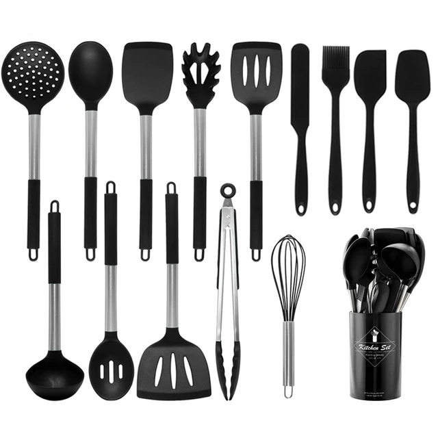 Silicone Kitchenware Cooking Utensils Set Non-stick Cookware Accessories  Spatula Wooden Handle Black Cute kitchen Gadget Sets - AliExpress