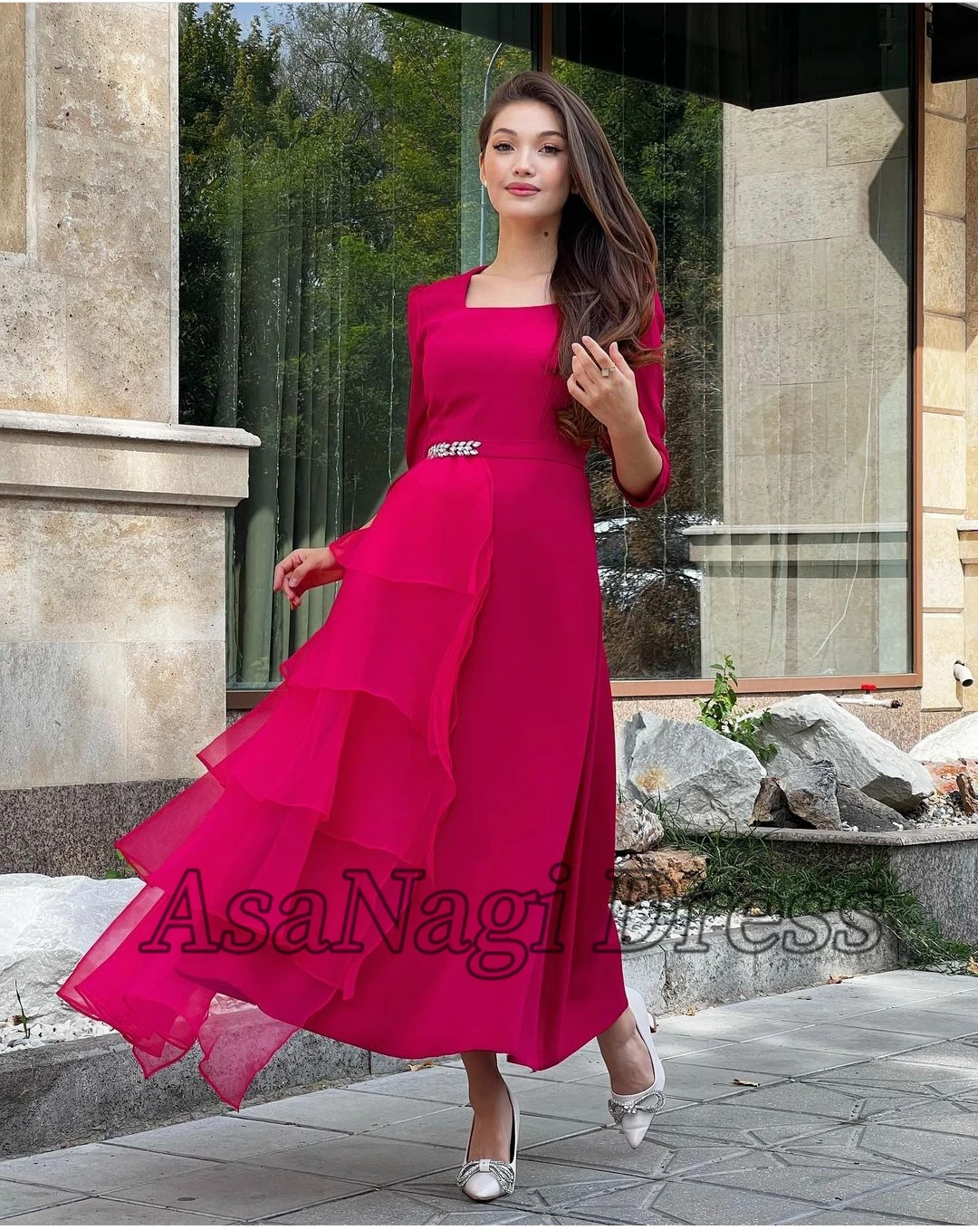 

AsaNagi Vintage Fuchsia Prom Dress Square Neck Ankle-Length Tulle Ankle-Length Women Formal Party Skirt 2023 vestidos de fiesta