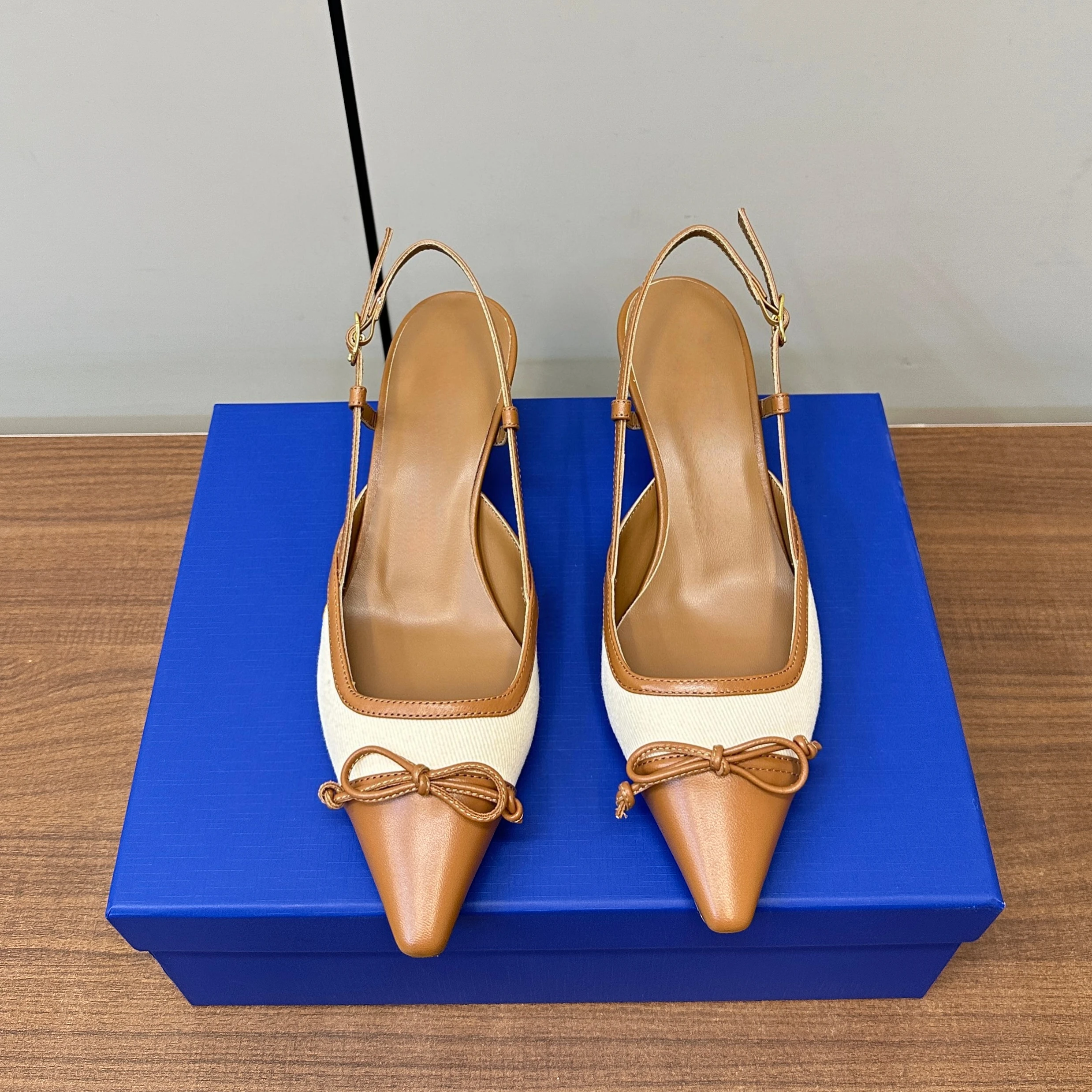 Newest Summer Genuine Leather Pointed-Toe High Heel Slingback Woman Sandals Dress Pumps Butterfly-Knot Decora Bota Feminina