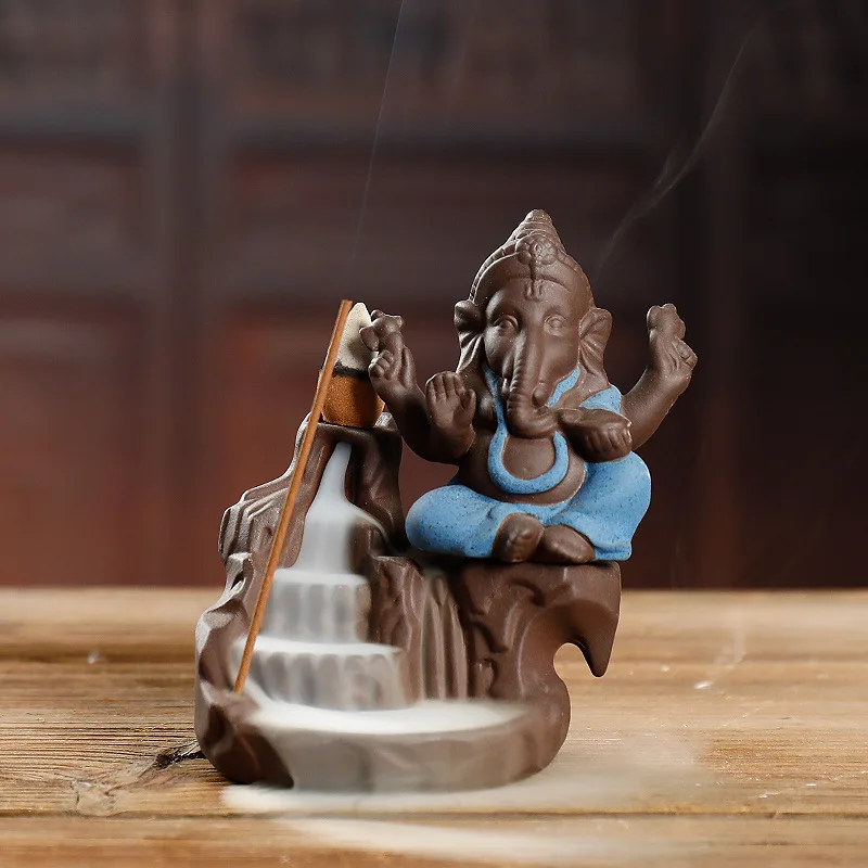 Elephant Flow Censer Purple Clay Ganesha Buddha Statue Buddhism Backflow Incense Burner Zen Tea Pet Home Decor