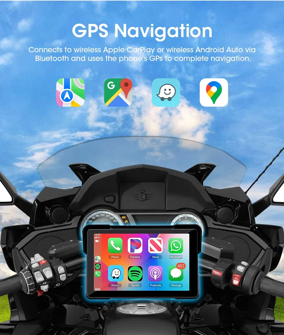 Jansite 5 inch Portable Motorcycle DVR LCD Display IPX7 Waterproof Monitor For Wireless Apple Carplay Android Auto Moto Car Play