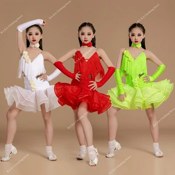 Gonna con frange Bambini Rumba Samba Vestito da ballo latino Ragazze Abiti da competizione di ballo da sala Abiti da pratica di ballo latino Bambini