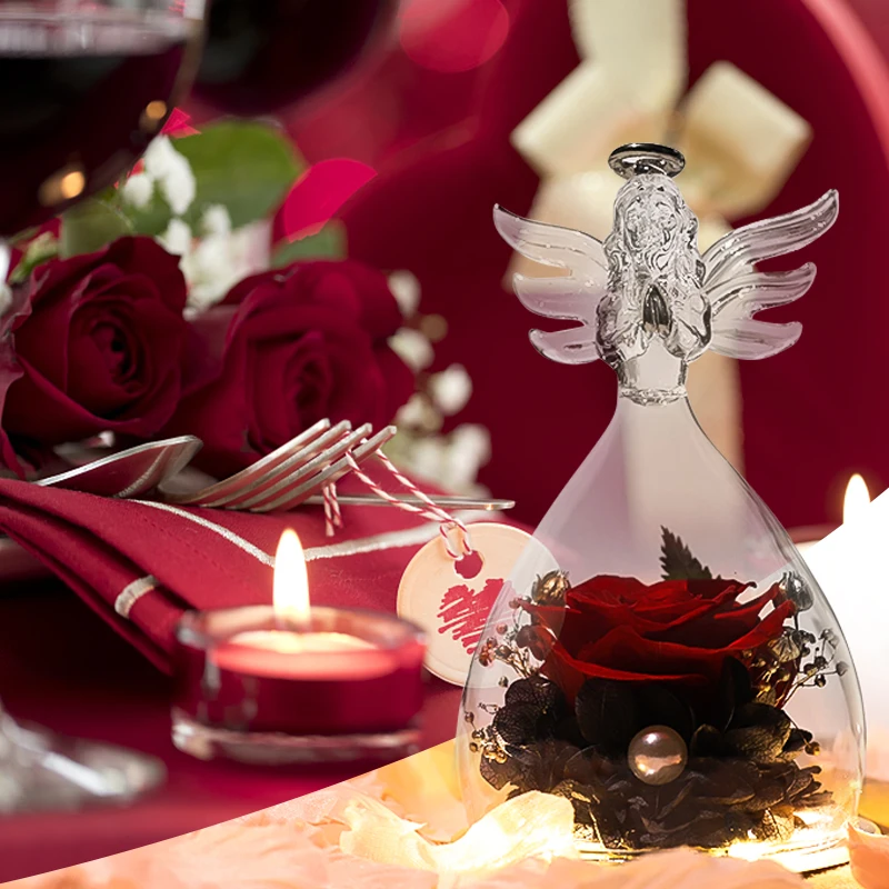 

Preserved Rose Flower Colorful Eternal Rose in Glass Angel Figurine for Women Christmas Valentine's Day Corporate Birthday Gifts