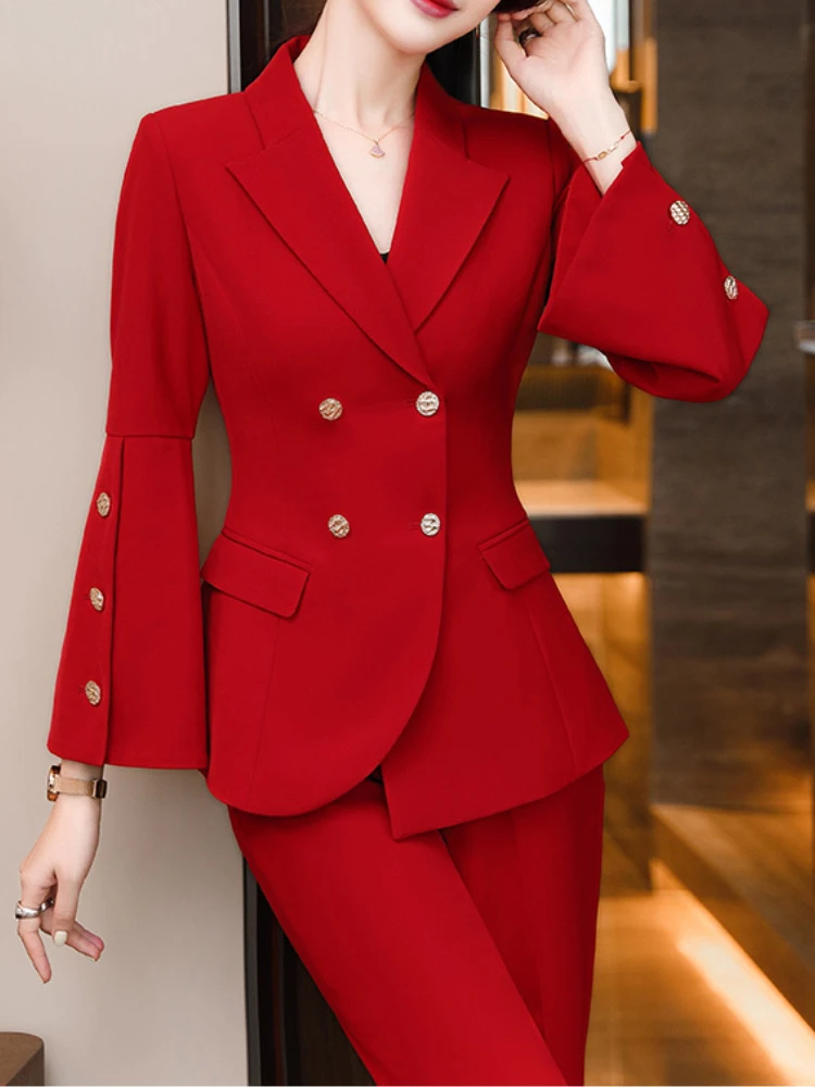 New Women Autumn Pant Suits 2 Pieces Sets Casual Blazers Coats and Trousers Female Elegant Workwear Chic Clothing Black Red