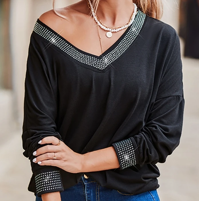Elegant Women Blouse Summer Autumn 2024 Fashion Off Shoulder Diamond V Neck Shirt pullover Long Sleeve Solid Women's Clothing