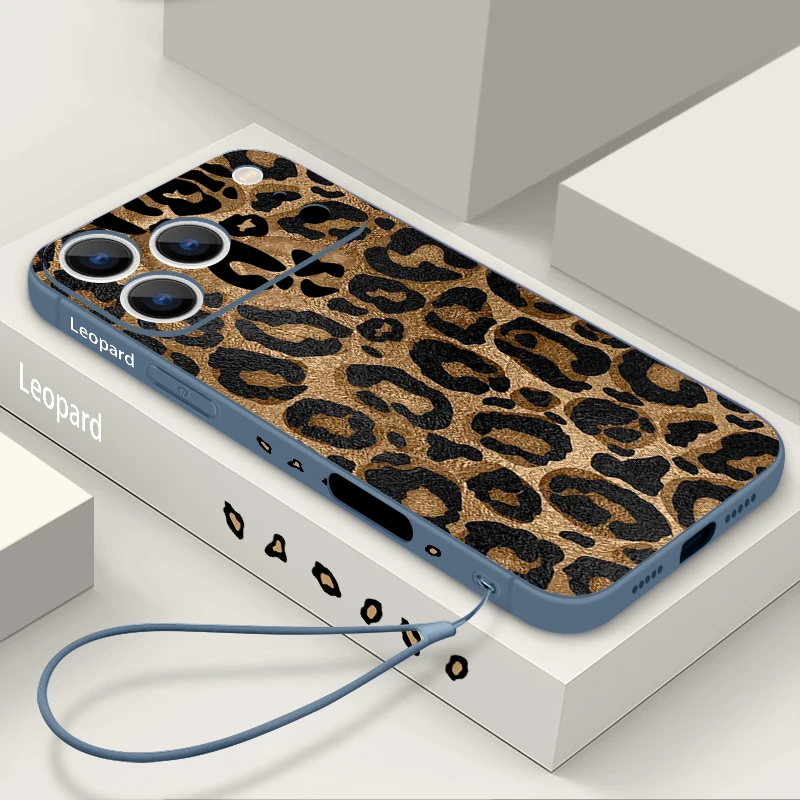 Leopard Print Soft Silicone Phone Case with Wrist Strap Lanyard