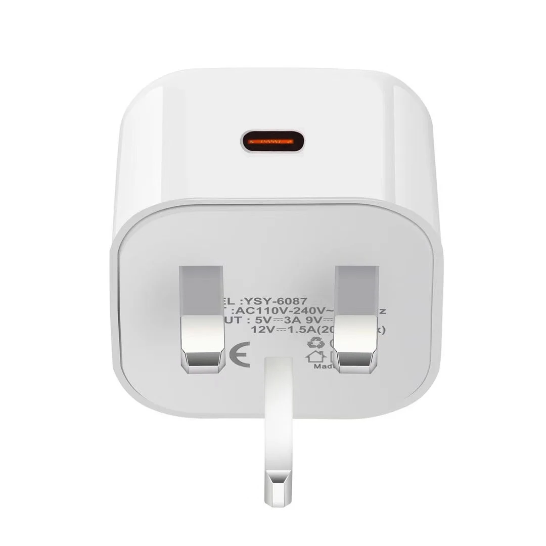 20W UK Travel Plug Single USBC Fast Charging Block Type-C Port 20W PD Charger for Ireland and UK Charger With LED indicator