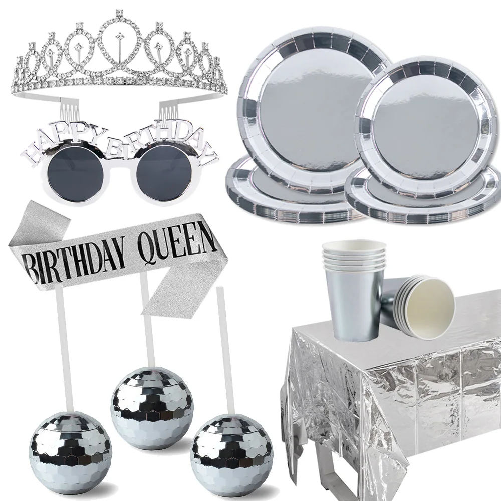 

Retro 70s 80s Themed Birthday Party Decorations Silver Disposable Tableware Sunglasses Disco Ball Cup Silver Party Supplies