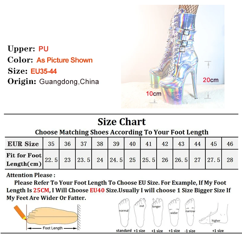 Woman Heels Pole Dance Shoes Exotic Woman Ankle Boots 8Inch/20CM Mid-Calf Laser Color Striptease Shoes Buckle Platform Heels