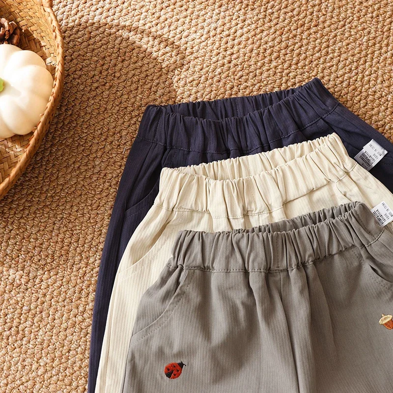 Baby Children's Casual Pants 1-5Y Spring 2025 New Boys' Solid Color Trousers Girls Cartoon Embroidery Outdoor Pants 4