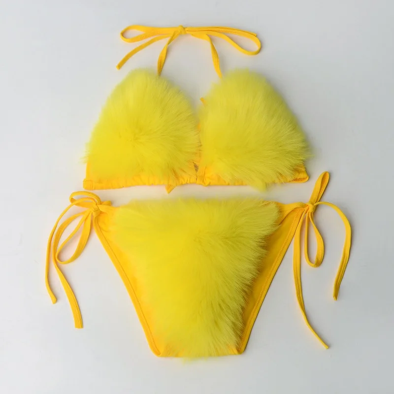 European and American new swimwear plush swimsuit sexy fashion WOMEN'S split pure color bikini