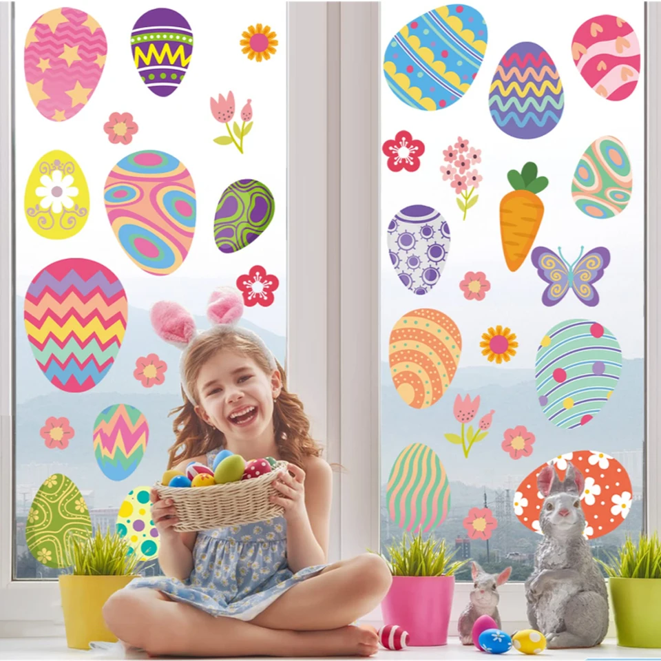 9 Sheets Easter Window Clings - Double-Sided Bunny Egg Stickers For Spring Decor