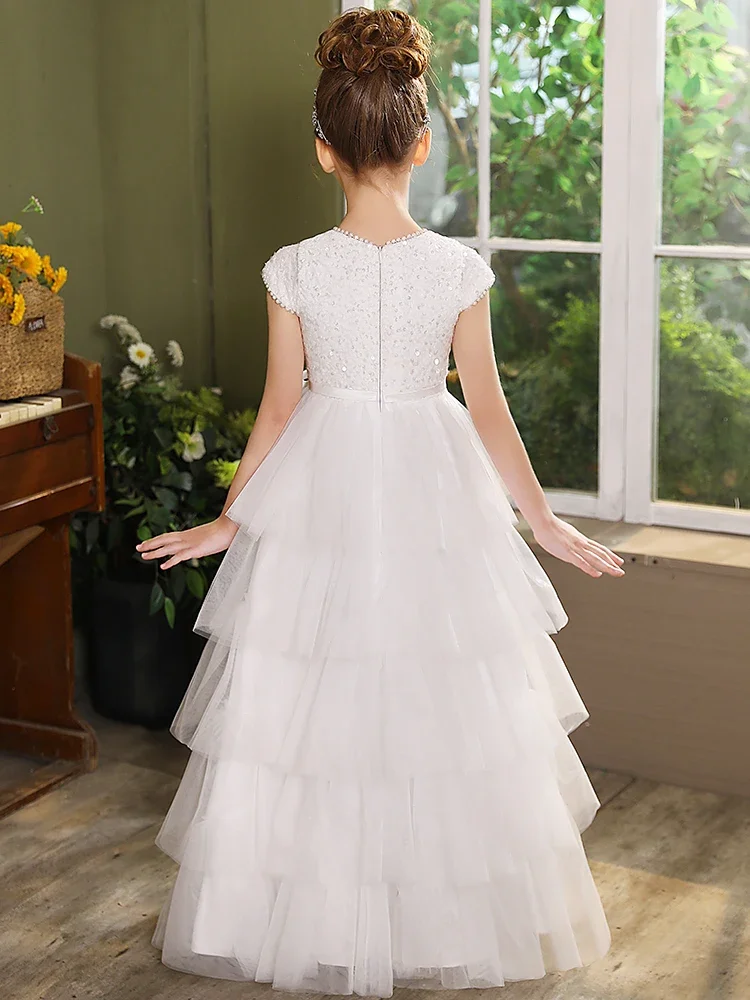 Elegant White Flower Girls Dress Tulle Fluffy Communion Gown Net Bridesmaid Gowns Girls Birthday gift Customizable Pageant Dress