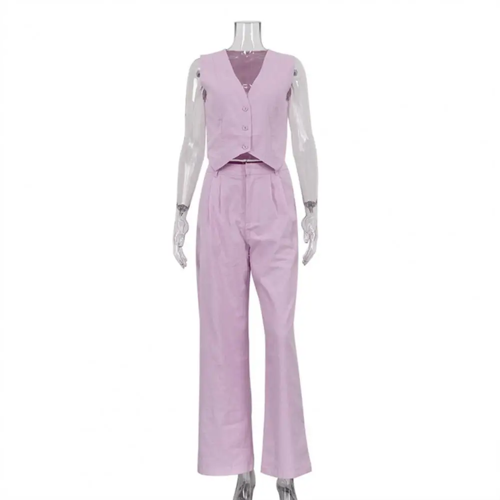 Women's Vest ＆ Pants Suit Cotton Office Lady Two-Piece Outfit V-Neck Sleeveless Top Loose-Fit Pants Summer Womens Outfits