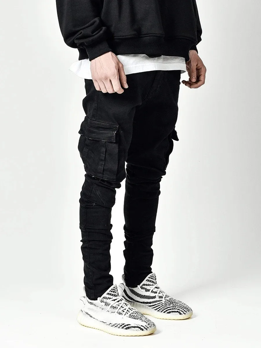 men casual cotton denim trousers multi pocket cargo jeans