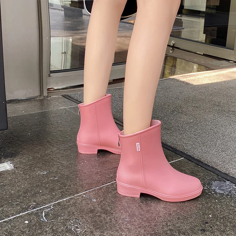 New Women Fashion Ankle PVC Rain Boots Waterproof Back Zipper Rainboots Non-slip Water Shoes Outdoor Wellies Boots