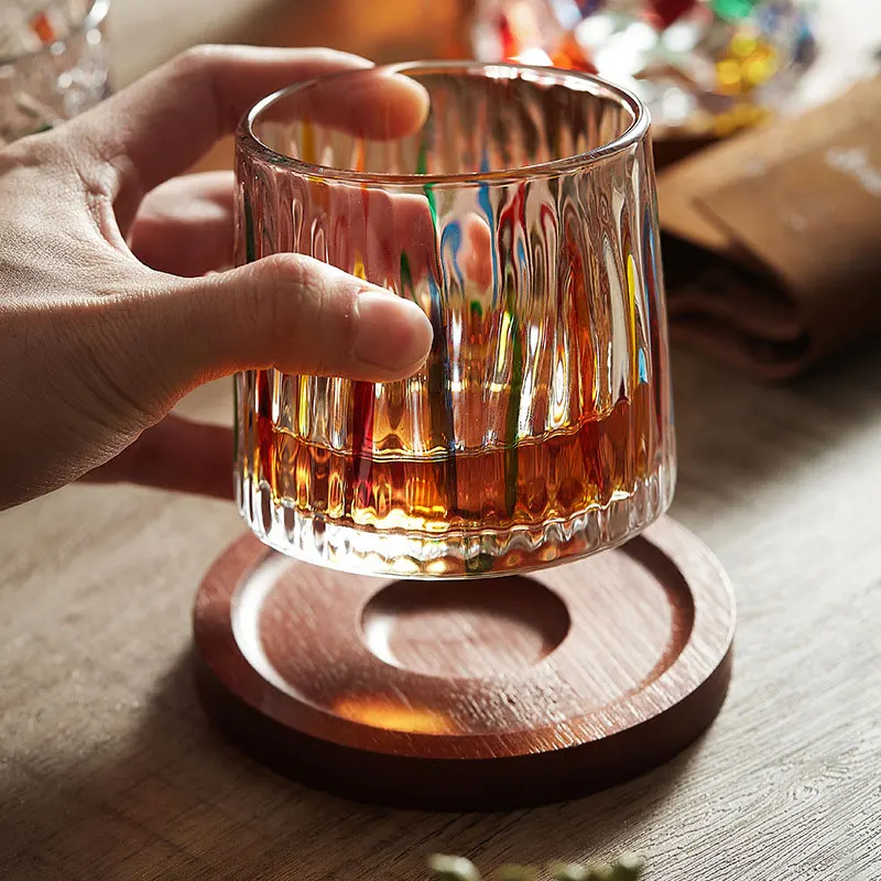 Rotating Crystal Whiskey Glasses With Wooden Coaster Tray Colored Glass Cup High Appearance Colored Stress Relief Glass Cup
