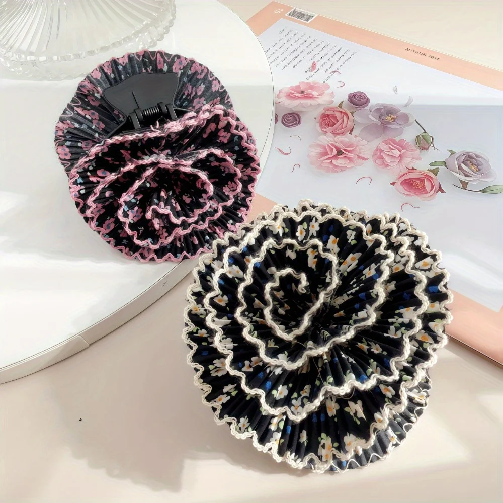 Vintage böhmische Stoff-Haarklammern, plissiert, Blumenmuster, große Krabbenkiefer-Haarklammer für Frauen und Mädchen, Haar-Styling-Zubehör – Detail 7