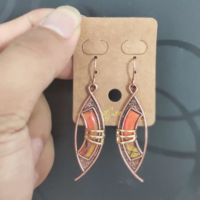 Yellow Orange Stone Vintage Red Bronze Hollow Metal Bending Golden Lines Dangle Earrings For Women