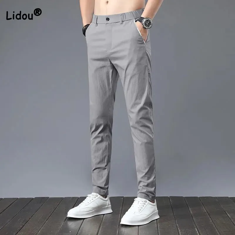 

Korean Casual Solid Color Trend Mid Waist Men's Pants Summer Business Office Simplicity Pockets Spliced Trousers Male Clothes
