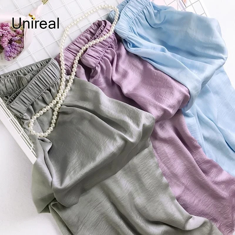 

Unireal 2022 Summer Autumn Women Wide Leg Pant High Waist Black Loose Casual Palazzo Pant Satin Trousers