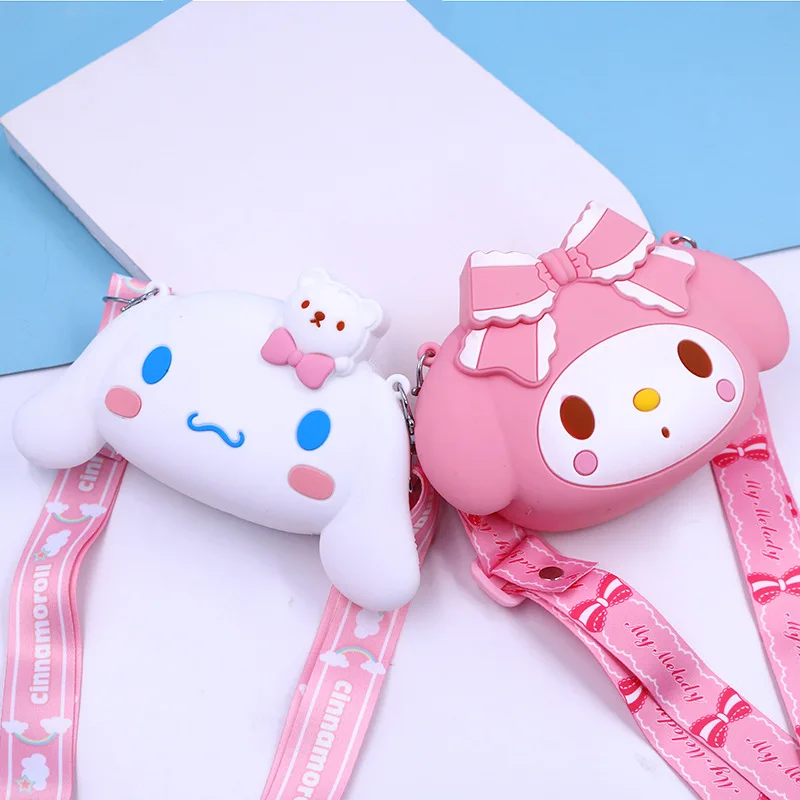 New Sanrio Cinnamoroll Kuromi My Melody Kitty Silicone Coin Purse Shoulder Cartoon Anime Bag Gift for Kids