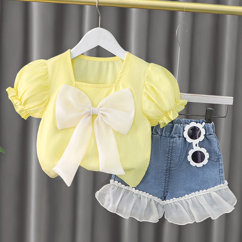 Girls Summer Short Sleeve suit new fashion baby girl big bow top denim shorts 2-piece suit 0-4-year-old baby out clothing baby clothing set essentials