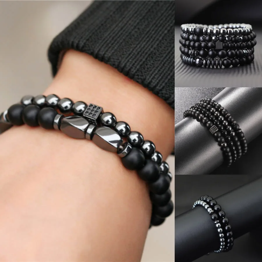 Men Black Onyx Hematite Beaded Luxury Zirconia Bracelet Set