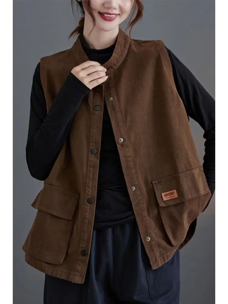 

Solid Color Vintage Literary Vest Twill Cotton Top Women's Loose Jacket Autumn Sleeveless Streetwear Standing Collar Outerwear
