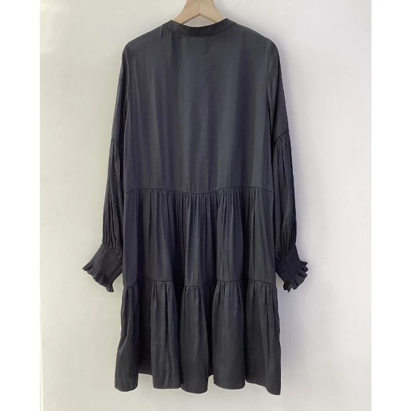 Zadig O-Neck Dress Female Casual Folds Black Dresses Women Long Puff Sleeve Robes Lady Diamond Buttons Robe Casual Loose Jupe 4