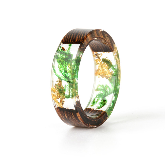 Hot Sale Handmade Wood Resin Ring Dried Flowers Plants Inside Jewelry Resin Ring Transparent Anniversary Ring for Women