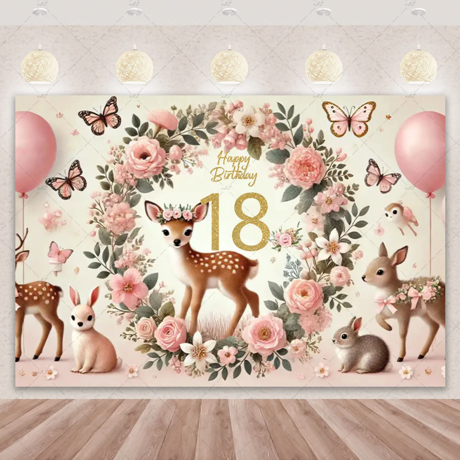 Niedlicher Hirsch-Hintergrund, Blumen- und Rehkitz-Geburtstagsparty-Dekorationen, individuelle funkelnde Zahl, wunderschönes Dschungel-Banner mit wilden Tieren – Detail 26