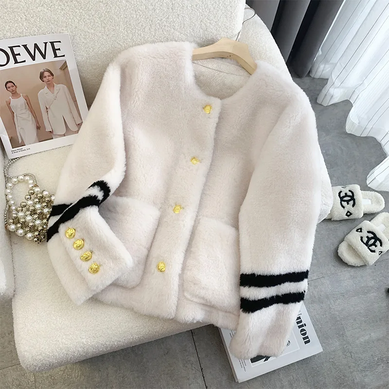 

2023 New Fashion Women Jacket Granular Lamb Fur Striped Female Parkas Thicken Warm Women's Short Coat Beige Beige Navy Blue