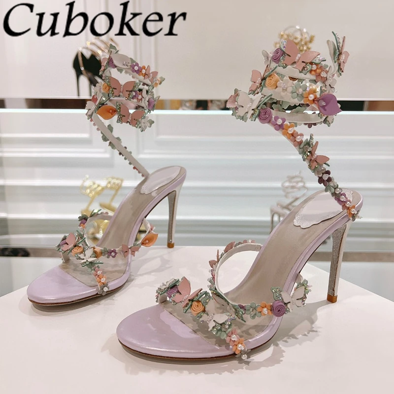 

2024 Summer Butterfly Flower Snake Wrap Thin High Heel Sandals Women Fashion Open Toe Party Pumps Sexy Wedding Bride Shoes Femme