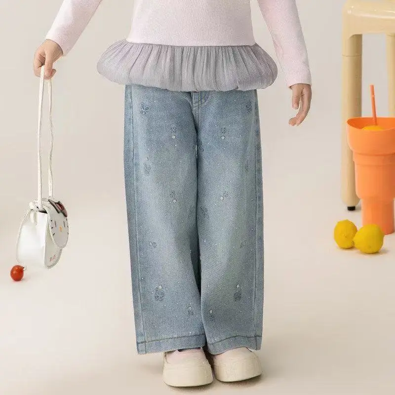 여아 청바지 봄 가을 패션 아동용 스트레이트 레그 팬츠 캐주얼 핫 다이아몬드 ..