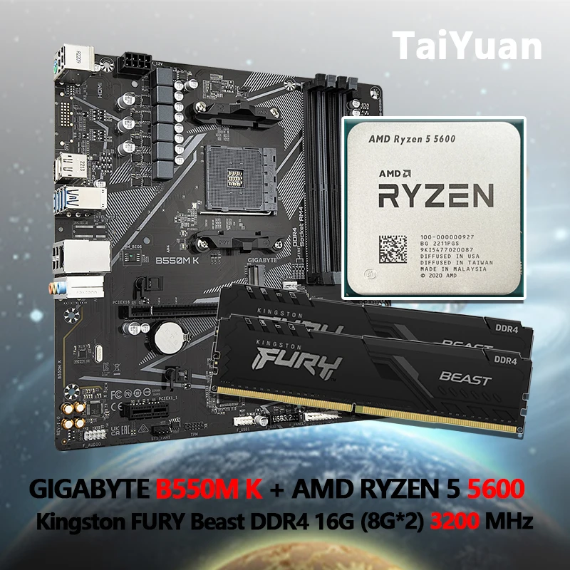 AMD Ryzen 5 5600 R5 5600 CPU + GIGABYTE GA B550M K Motherboard