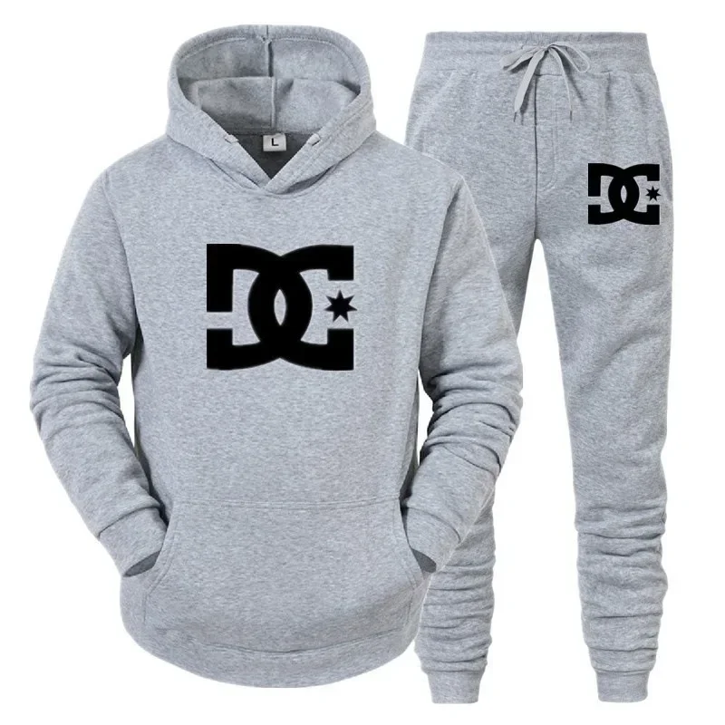 DC printed men's new autumn/winter sweater stand up collar hooded sweater jacket and casual pants two-piece set
