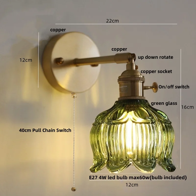 IWHD Copper Rotate LED Wall Light Fixtures Pull Chain Switch Foyer Bedroom Aisle Nordic Modern Flower Glass Bedside Lamp Sconce