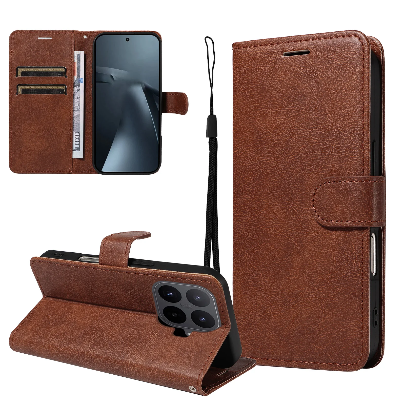 Leather Wallet Flip Phone Case with Card Holder and Stand Feature