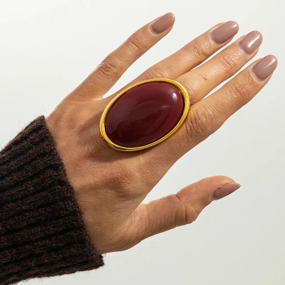 Exaggerate Classic Red Oval Resin Finger Ring for Women Vintage Elegant Geometry Rings Charm Party Accessories Jewelry Gifts